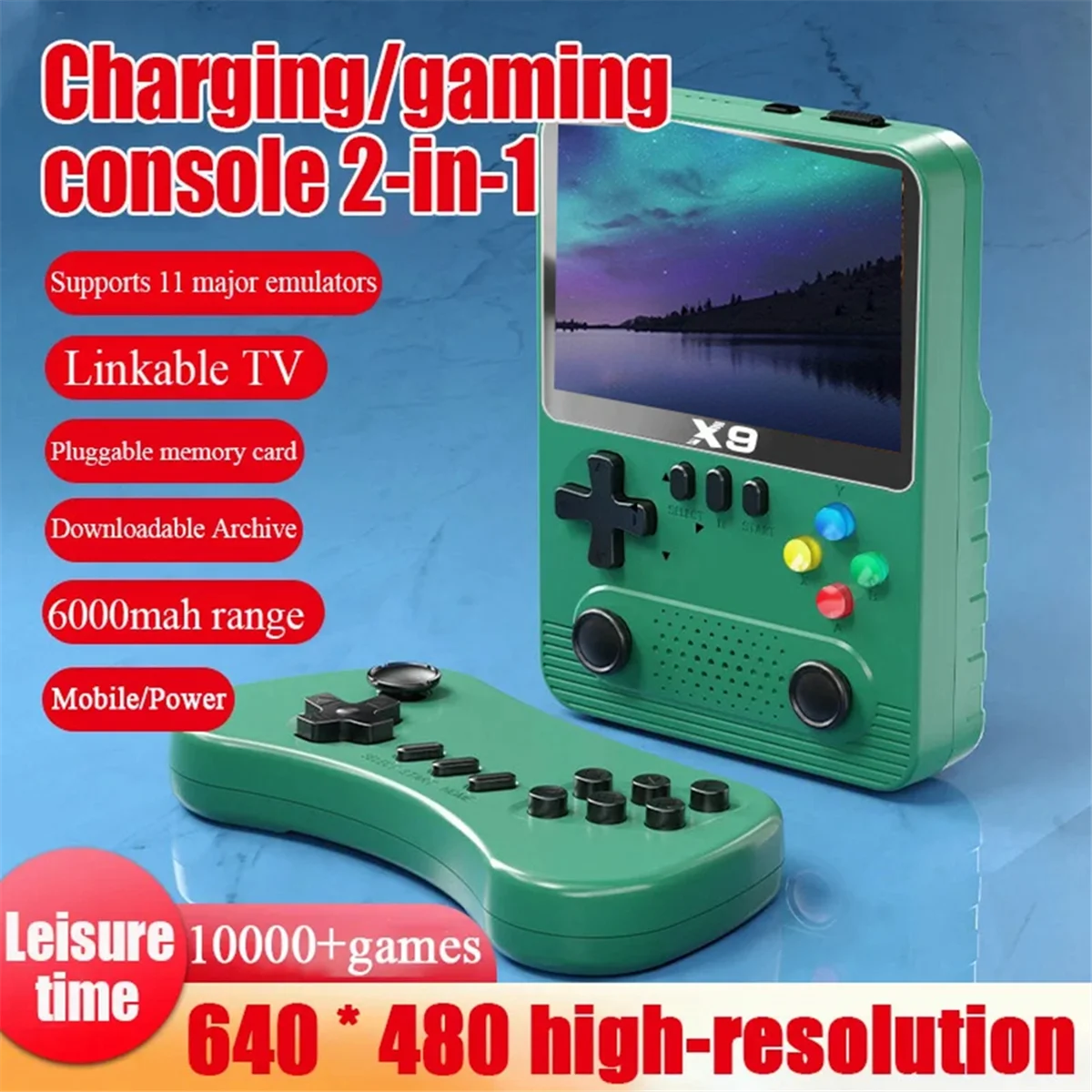 

Портативная игровая консоль ABRI_X9, 3,5 дюйма, 10000 игр, два игрока, 6000 мАч, с функцией Power Bank для симуляторов GBA NES 11 B