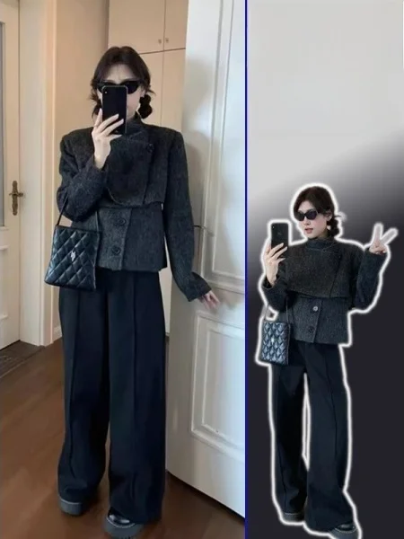 

plus Size Women's Korean Design Stand Collar Patchwork Bla Woolen Coat Spring New Sle Slimming Top Versatile Faionable