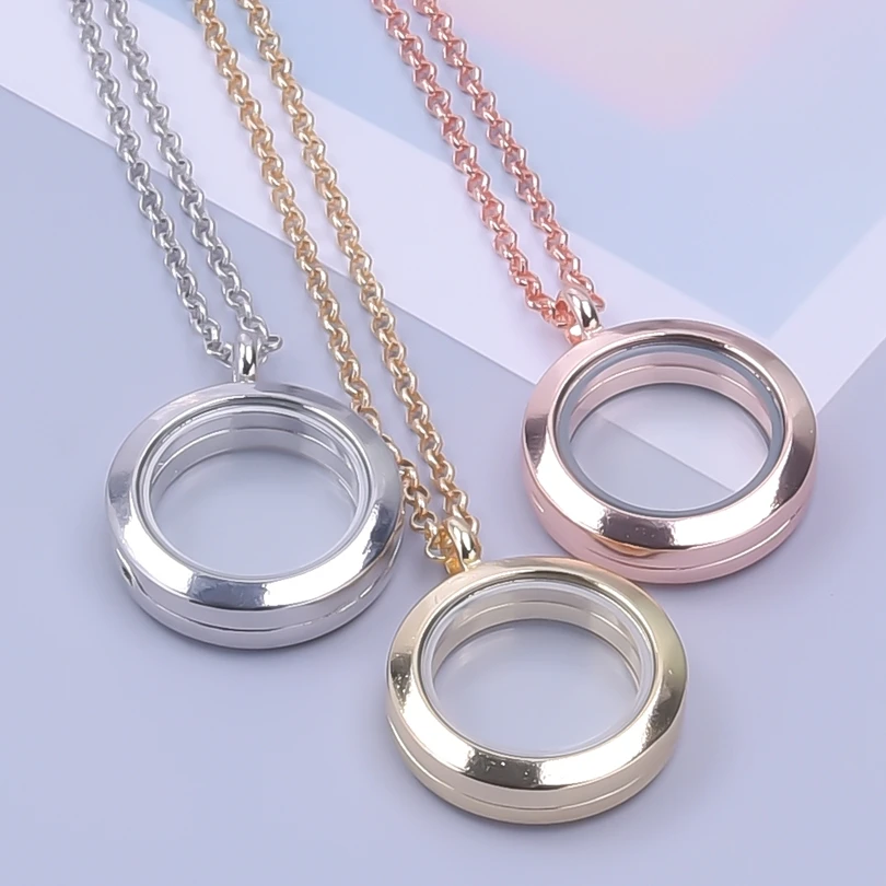 1Pc 25mm Round Floating Relicario Locket Pendant Necklaces For Women Jewelry Making Simple Glass Photo Memorial Chain Collares