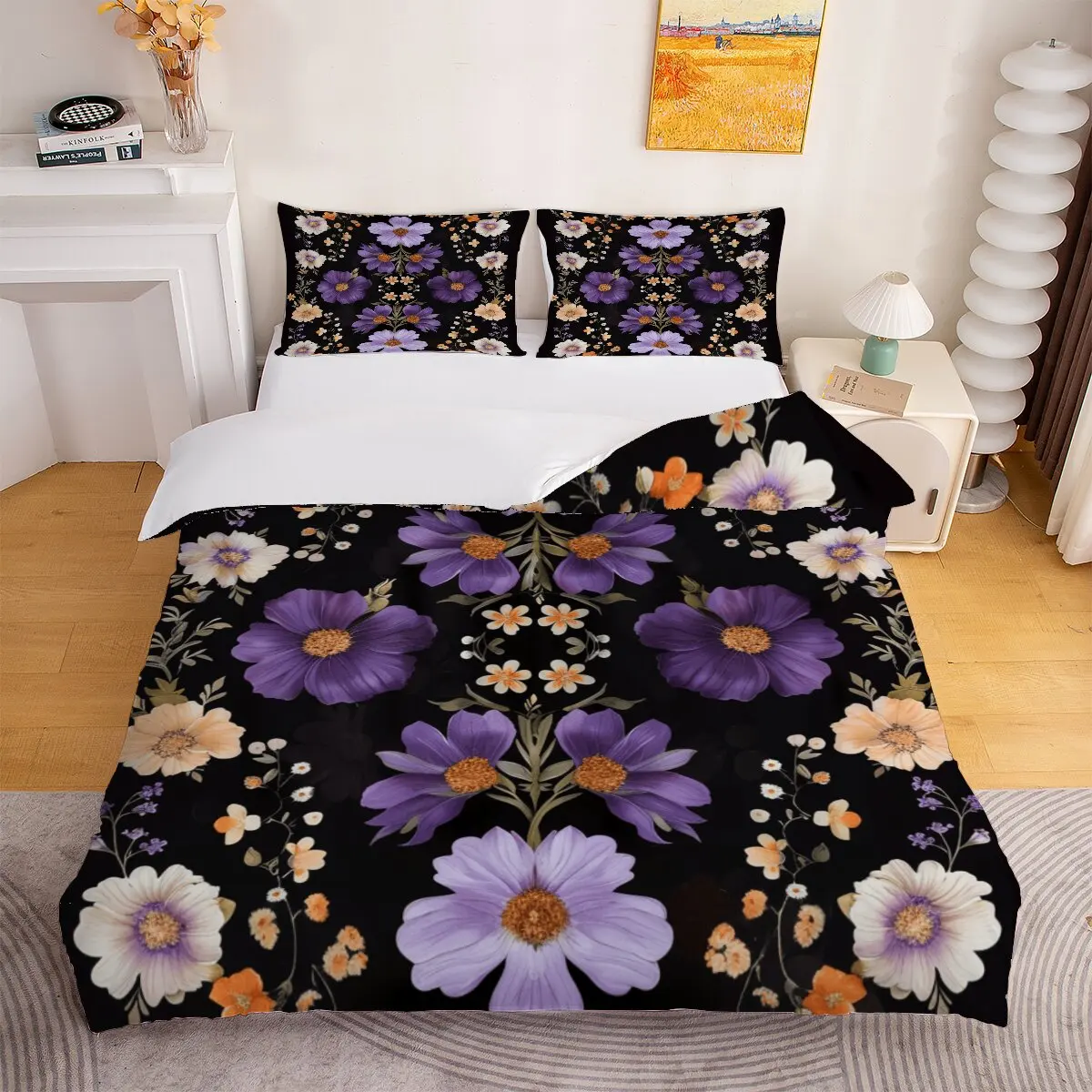 Purple flower  Down comforter set large size  Yellow flower  1 duvet cover, 2 pillowcases, 3 pieces