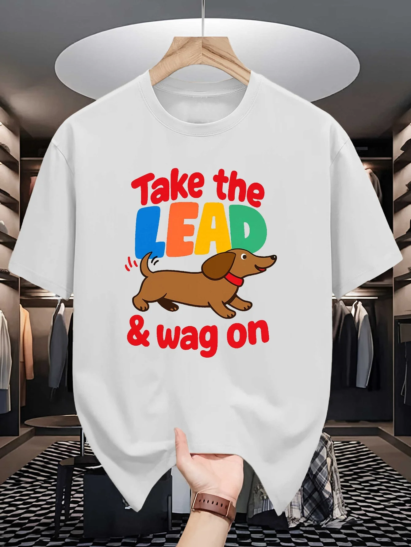 Mens Dachshund Dog Graphic Tee Take The Lead Slogan Print O Neck Short Sleeve Cotton Tops Casual Street Wear For Pet Lovers