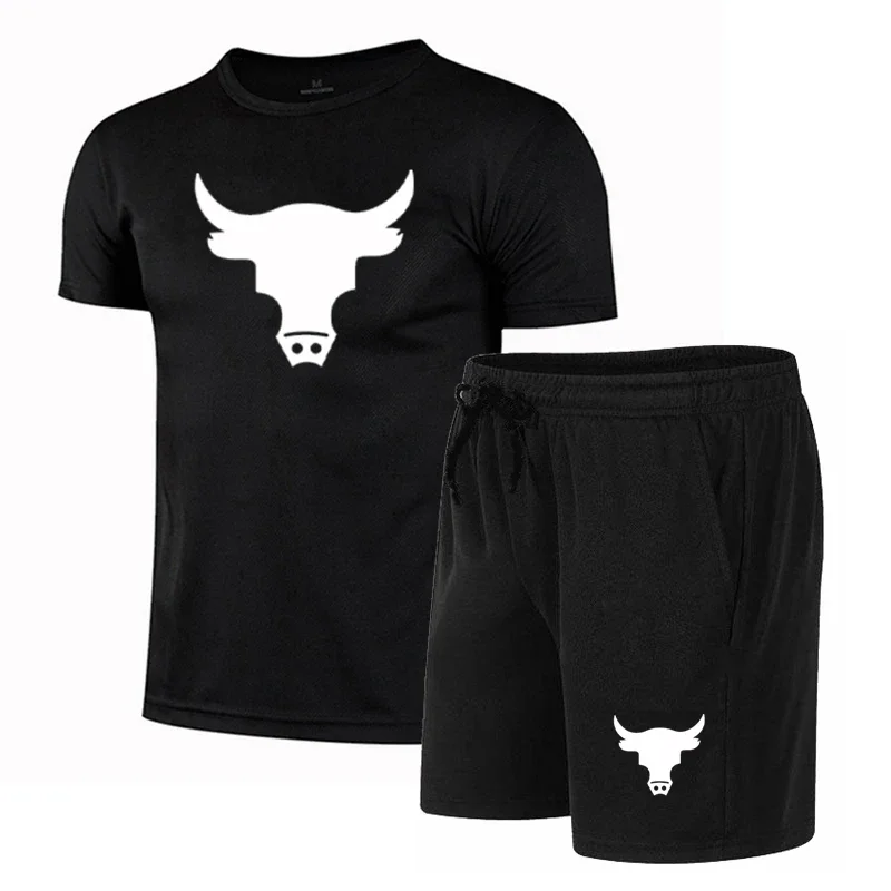 

Summer fitness men breathable short sleeve T-shirt + shorts two-piece quick-drying casual fitness wear fashion suit