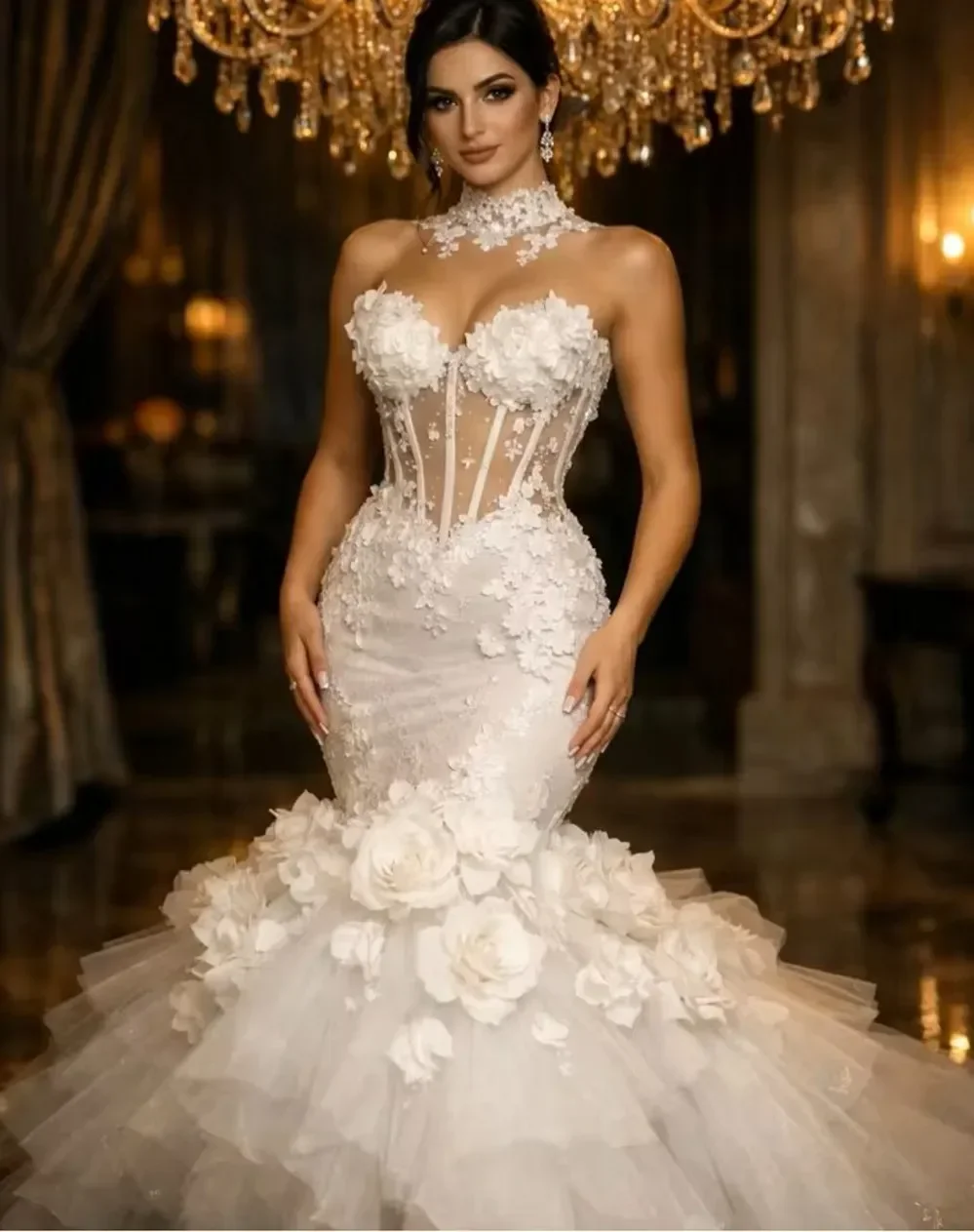 Luxury Mermaid Wedding Dresses 2026 High Neck Flowers Lace Appliques Ruffles Tulle Bridal Bride Gown Vestidos De Noiva