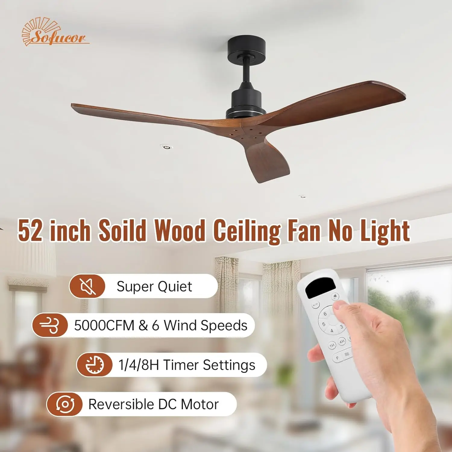 Sofucor 52-Inch 3 Blade Ceiling Fan With LED DC 6-Speed High Wind Speed With Remote Control for rooms