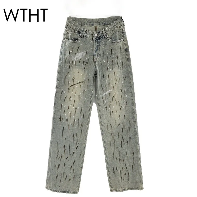 

WTHT New Fashion Women's Irregular Graffiti Print Straight Jeans 2025 Summer High Waist Wide Leg Denim Pants Female 1LS1936