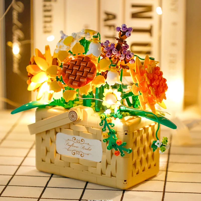 

Flower Basket Bouquet Building Blocks Kit Rose Bonsai Sunflowers Assembly Bricks Blossom Particle Botanical Valentines Gift