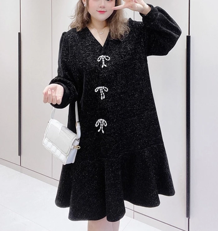 Große Größe Weiblichen Frühling Herbst Spleißen Rüschen Elegante V-ausschnitt A-linie Fee Kleid Süße Lose Langarm Schwarz Freizeit Kleider