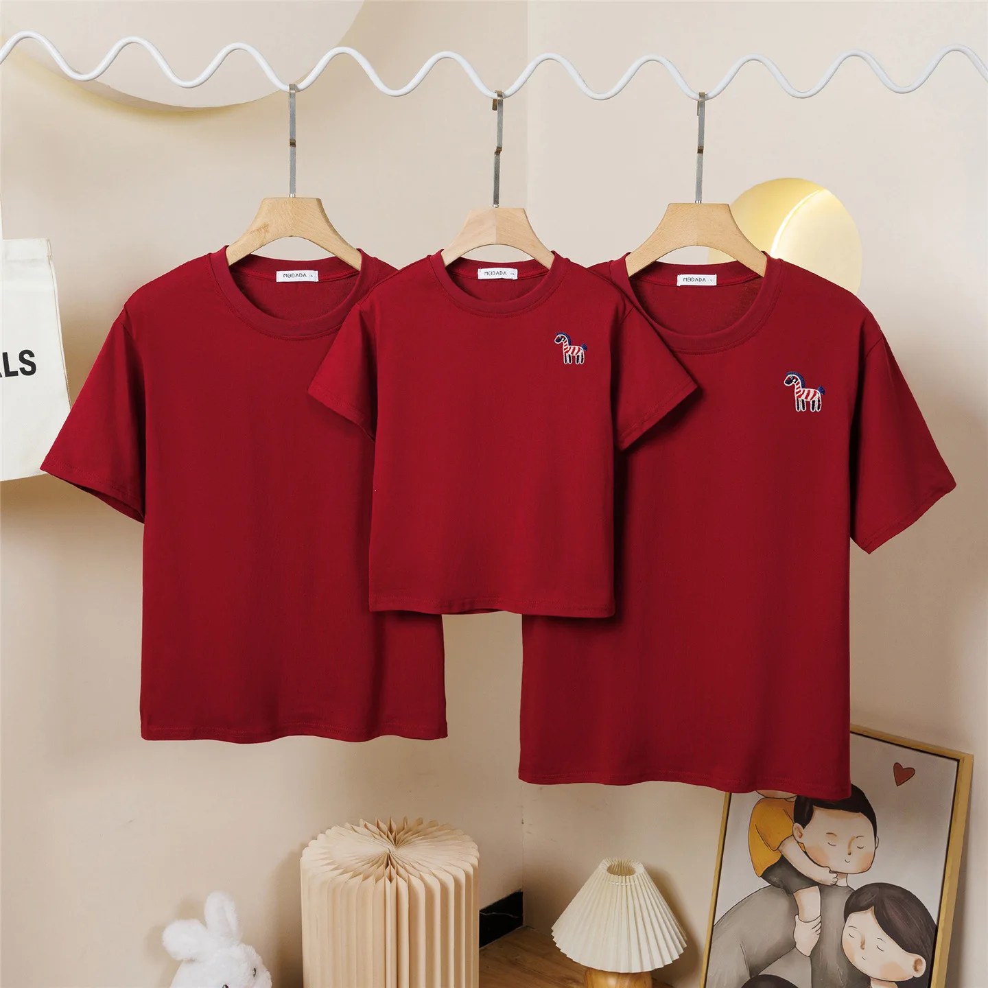 2026 Chinese New Year Family Matching Outfits Red Horse Print T-Shirt 3-4PCS Lucky Spring Festival Photo Wear for Mom Dad Kids