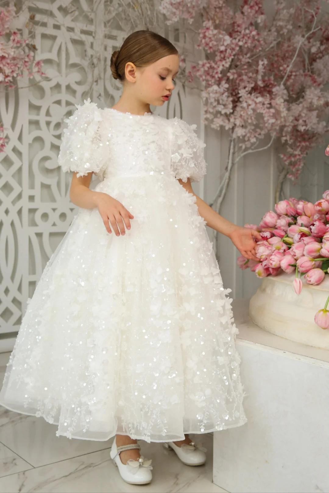 White Lace Appliques Flower Girl Dresses for Wedding A-Line Customized Sequined 3D Floral Wedding Event Party Birthday Gowns