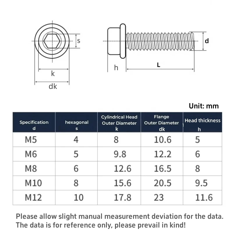 M3 M4 M5 M6 M8 M10 M12 Flange Socket Head Cap Screw 304 A2 Stainless Steel With Washer Allen Socket Bolts Length 5mm-60mm