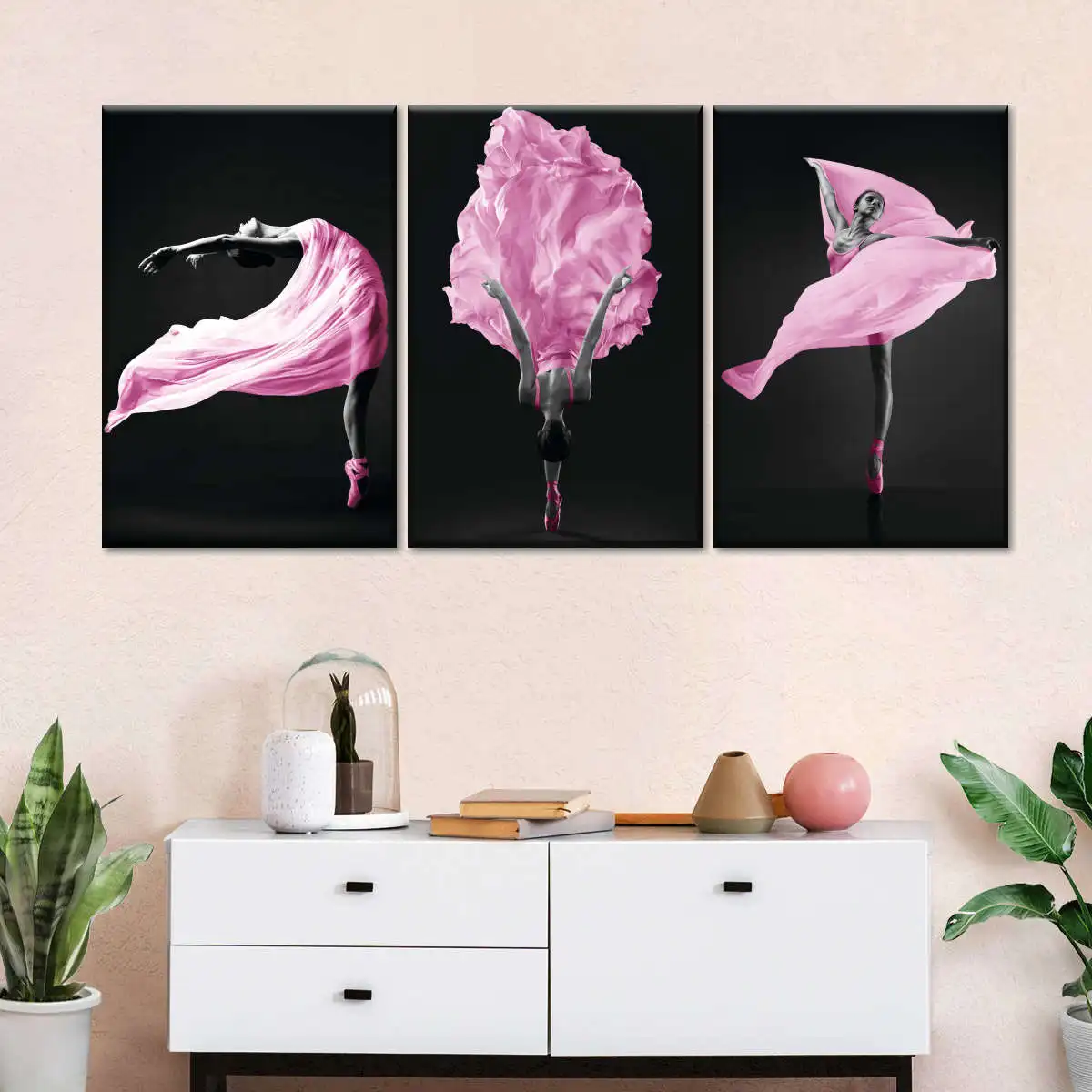 3 Panel Nordic Pink Ballet Dancers Pop Set Wall Art Picture Canvas Painting for Girls Room Dance Room Wall Decoration No Frame