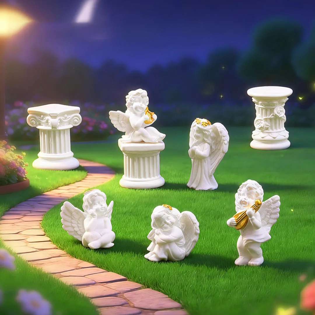 Resin Angel Figurines Mini Roman Column Statue Cupid Cherub Sculpture Micro Landscape Ornament Fairy Garden Home Desktop Crafts