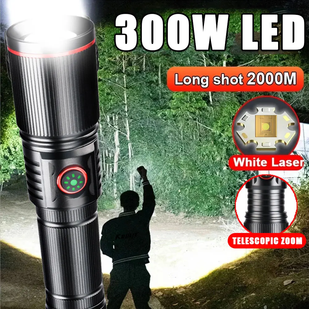 

300W White Laser Tactical Flashlight LED Outdoor Super Long-Range Zoom Torch USB Charging Ultra-Long Life Emergency Lighting