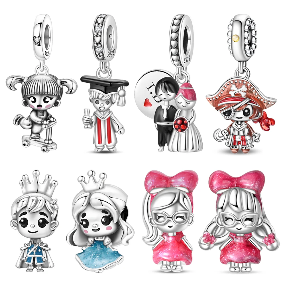 Exquisite 925 Sterling Silver Princess Prince Boy Girl Couple Character String Decoration Fit DIY Bracelet Necklace Cute Gifts