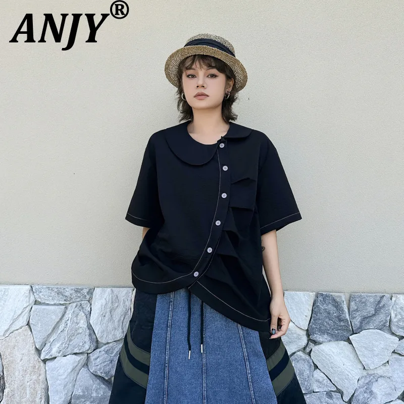 

ANJY Новая летняя женская блузка в стиле преппи с воротником Питер Пэн, плиссированная, с асимметричным дизайном, модная универсальная блузка с короткими рукавами A21835