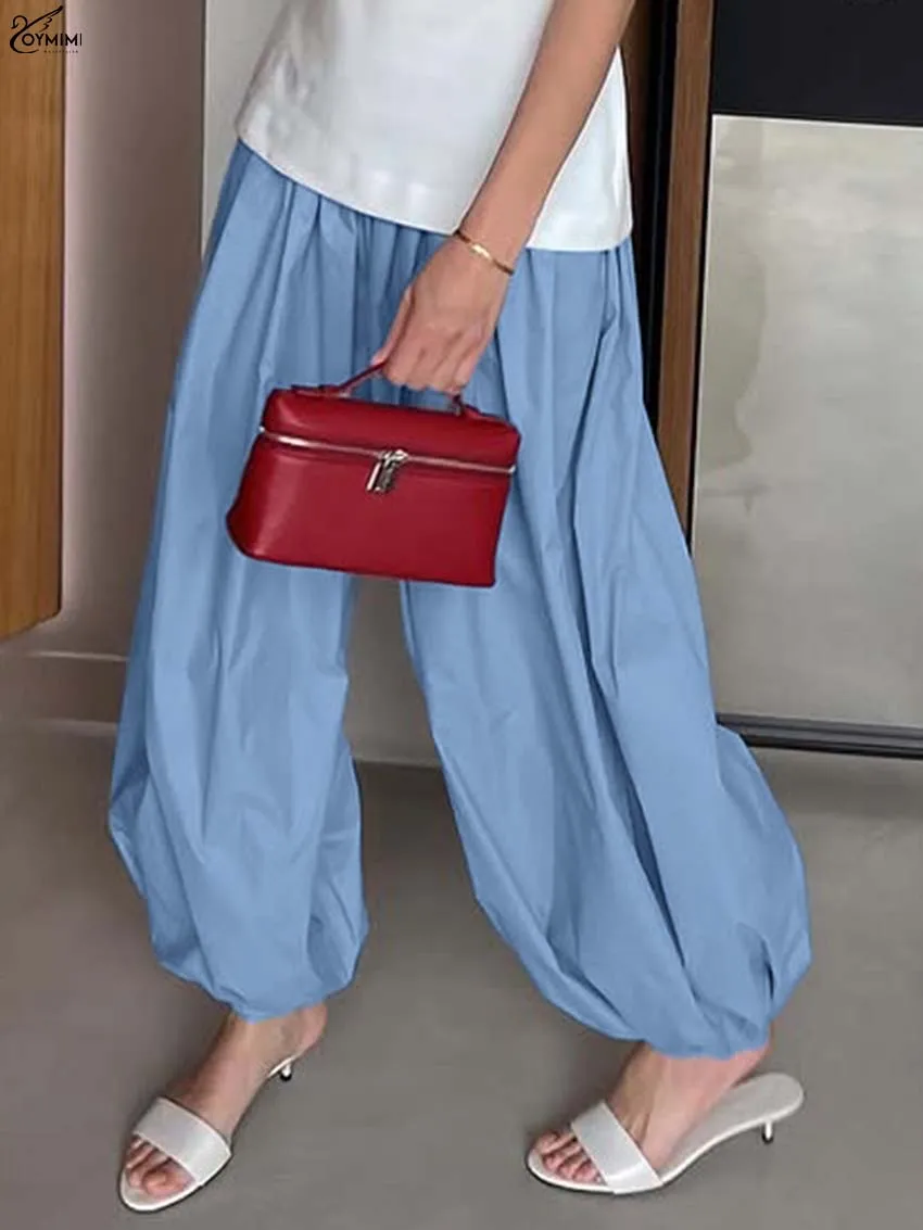 Oymimi Casual Blue Loose Women Pants Fashion Mid Waisted Drawstring Trousers Elegant Solid Ankle-Length Pants Female Streetwear