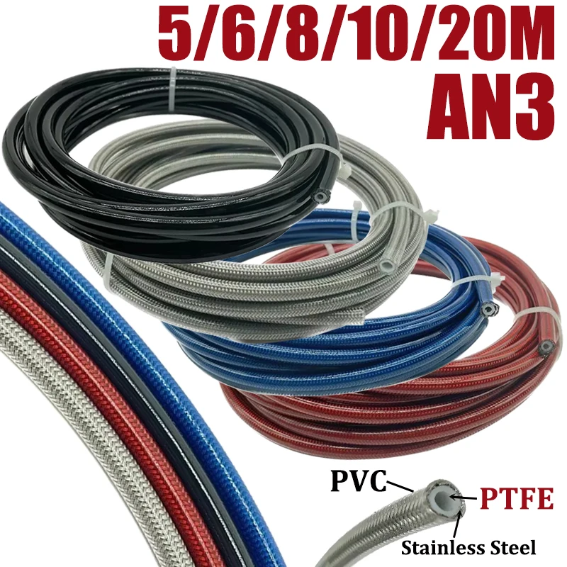 5/6/8/10/20M AN3 Motorcycle Braided PVC Stainless Steel PTFE Brake Line Hose FLUID HYDRAULIC Hose Racing Gas Oil Fuel Tube Pipe