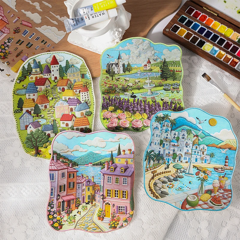 Miniature Landscape Stickers,Embroidered Room,Journey,Healing Scenery,Embroidered Stickers,Booklet,Decompression Toy Stickers