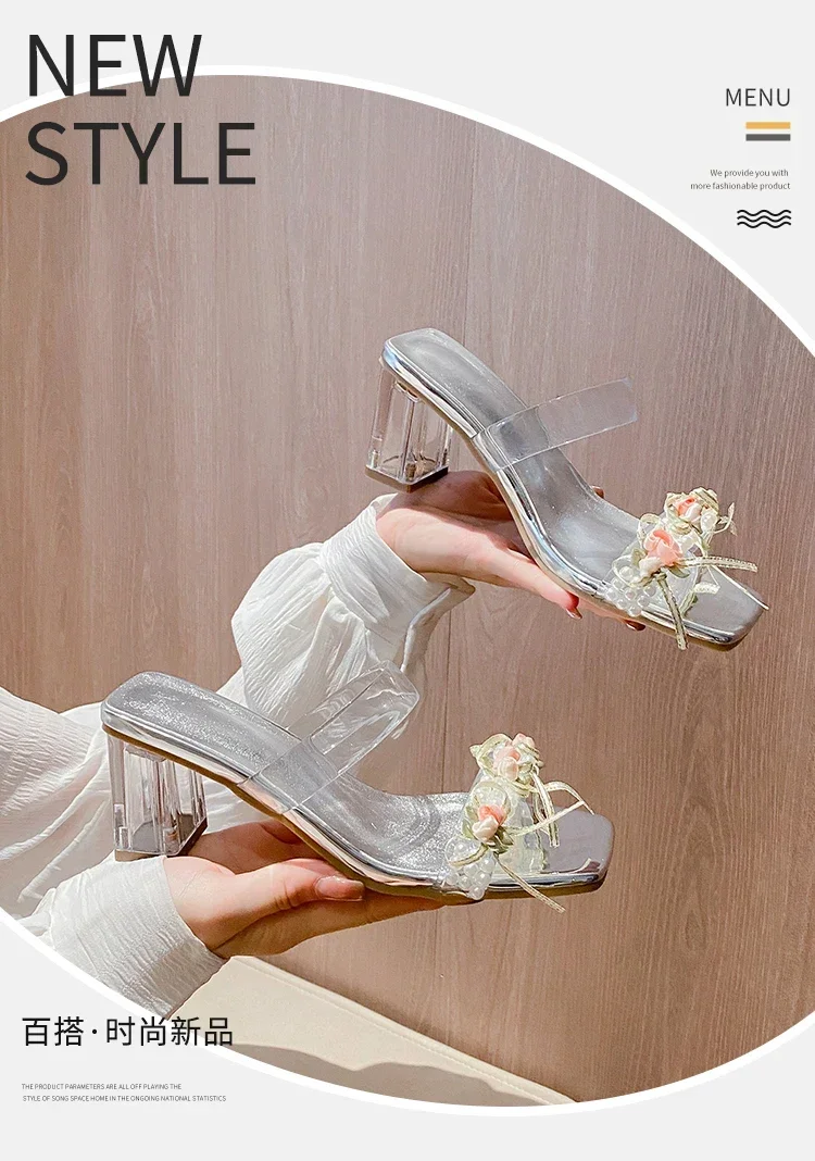 Transparent crystal thick heel sandals and half slippers for women\'s 2024 summer new sexy outerwear square toe high heel sandals