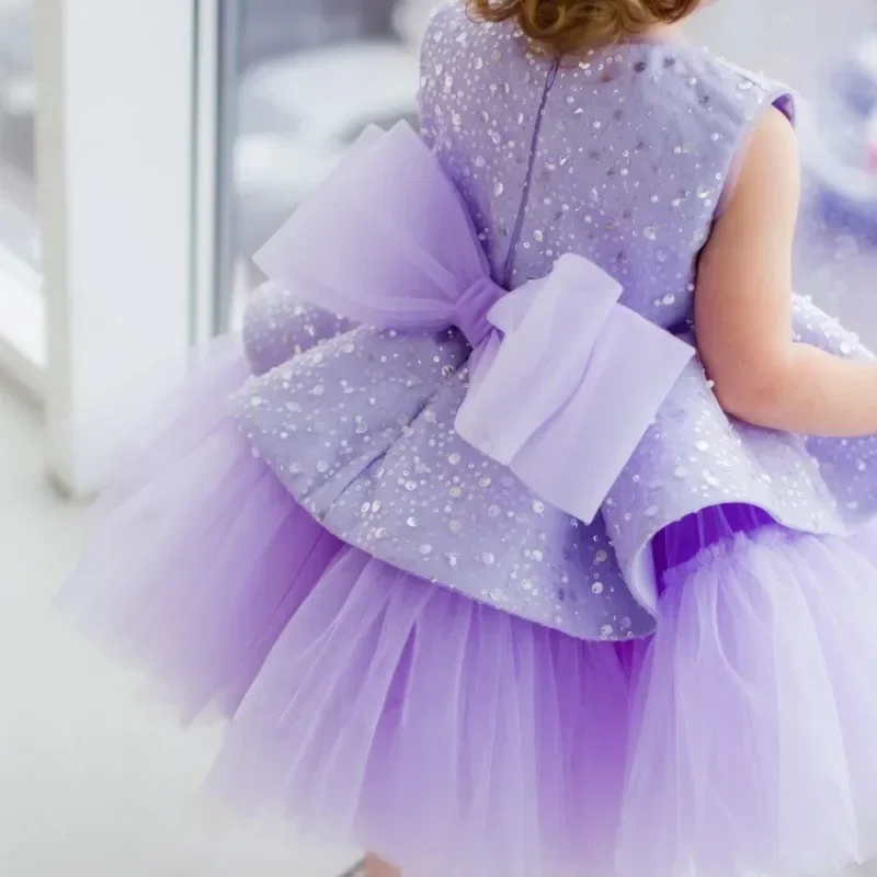 Purple Flower Girl Dresses Tulle Puffy Sequin With Bow Sleeveless Kids Baby Girls Pageant Wedding Birthday Party Holiday Gown