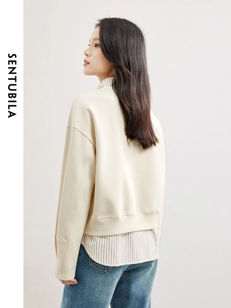 SENTUBILA Apricot Simple Round Neck Sweatshirt Woman 2024 Spring Straight Casual Pullovers Women\'s Long Sleeve Top 141A52744