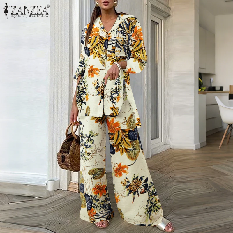 

ZANZEA Women Sets Cotton Vintage Long Sleeve Shirts Wide Leg Pants Outfit 2025 Casual OL Work Suits Oversized Pant Matching Sets