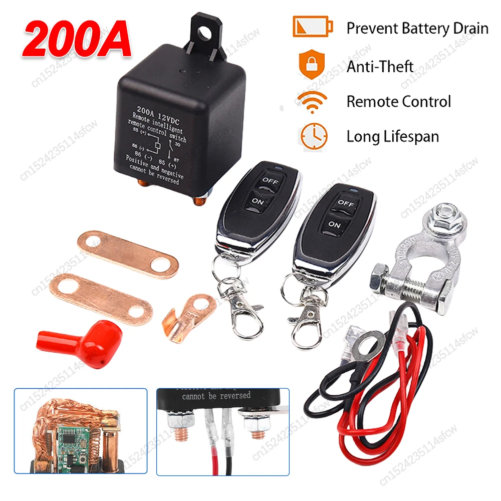 

12V 24V 200A Battery Switch Relay Wireless Remote Control Battery Disconnect Cut Off Isolator Switch Anti-Theft with Dual Remote