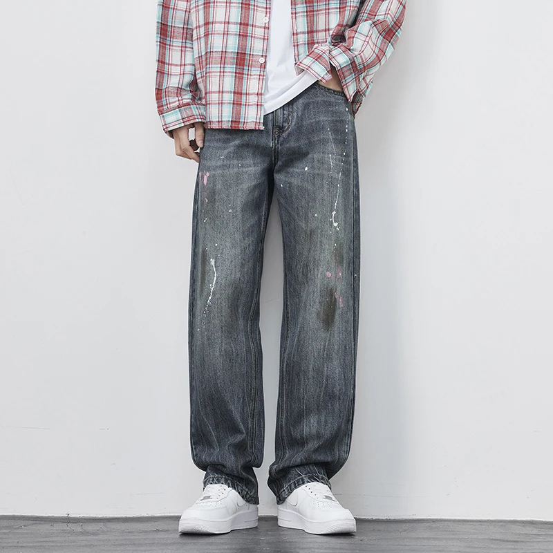 Campus Boys Y2k Jeans Trousers Men Streetwear Graffiti Paint Dirty Denim Fashion Hip Hop Loose Casual Wide Leg Baggy Jeans Pants