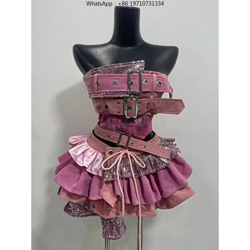 Women Retro 2 Piece Outfit Strapless Top and High Waist Skirt Punk Style Matching Set