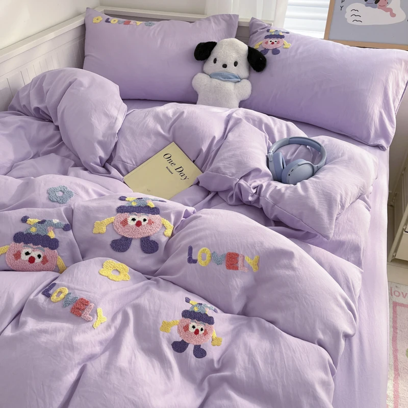 Purple Washing Bedding Set  Towel Embroidered Small Doll Four PIECE Set Dormitory Cardboard Duvet Cover Quilt Duvet Set