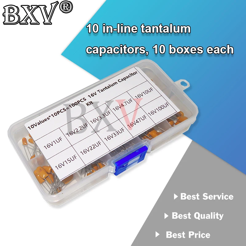 

100 шт./компл., 10 значений, танталовый конденсатор 16 В, набор в ассортименте, коробка, гарантия