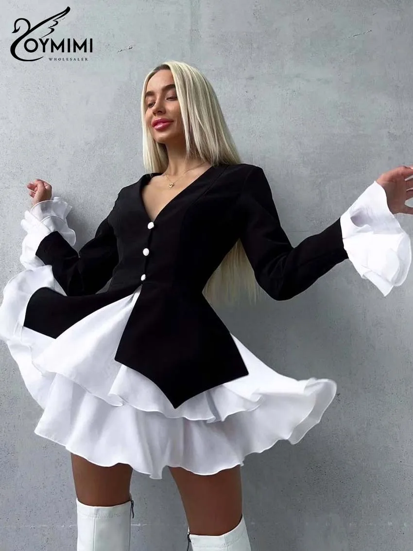 

Oymimi Fashion Black Patchwork Women's Dress Elegant Deep V-Neck Long Sleeve Button Dresses Casual Pleated Mini Dresses Female