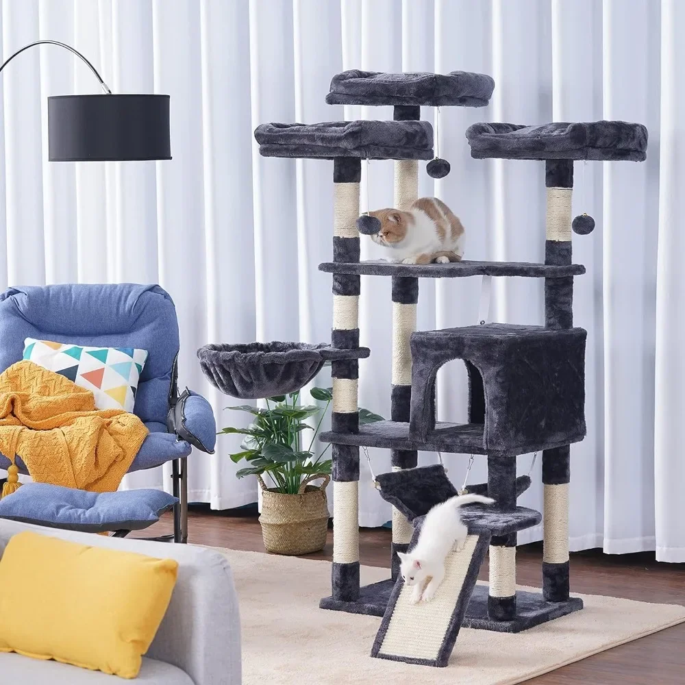 Multi-Level Cat Tree, Large Cat Tower with Bigger Hammock, 3 Cozy Perches, Scratching Posts, Stable for Kitten/Gig Cat Smoky