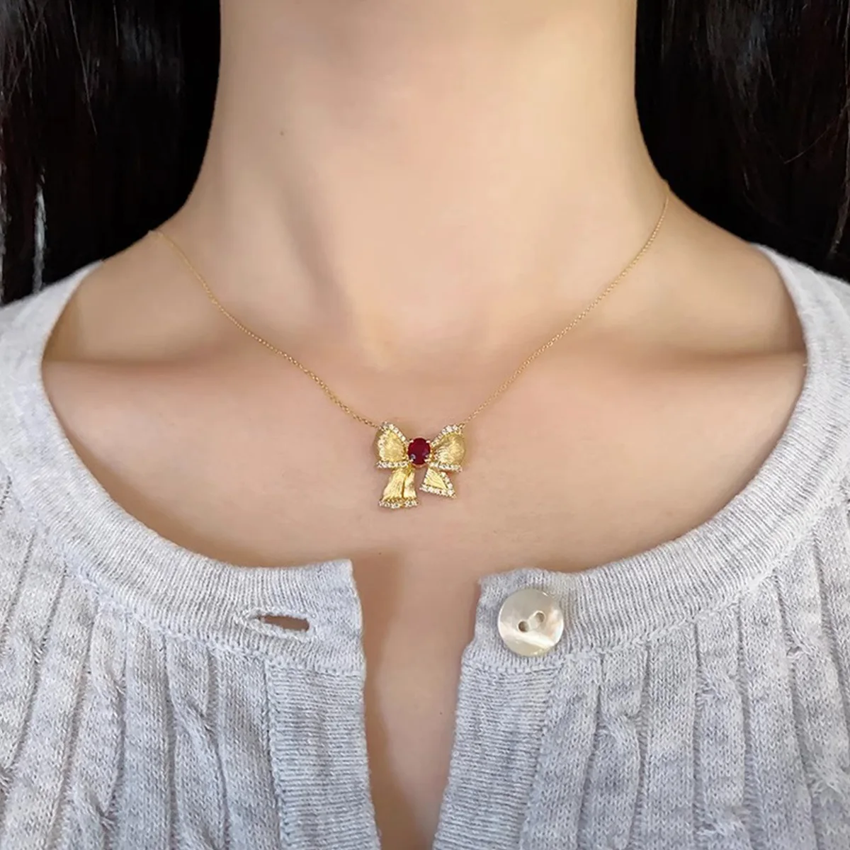 Vintage Fashion 925 Silver Set Pegion Blood Ruby Bowknot Necklace/Ring 18K Gold Plated Brushed Butterfly Fine Jewelry Set Bijoux