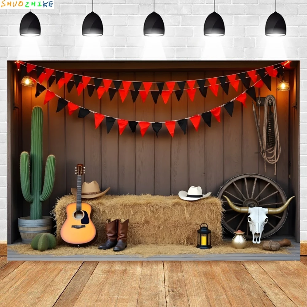 Western Party Photography Backdrop Cactus Haystack Guitar Boots West Cowboy Birthday Party Photo Background Decor Photostudio