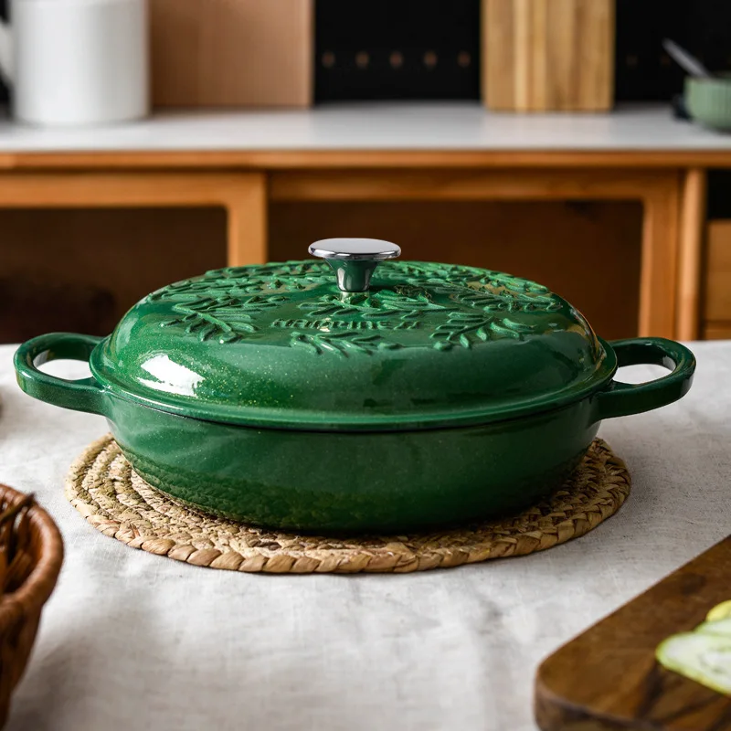 2.6L หม้อเหล็กหล่อหม้อเคลือบเครื่องครัว,Micro ล็อคความดันสดกระทะ,Leaf Emerald Non-Stick หม้อสําหรับทําอาหาร