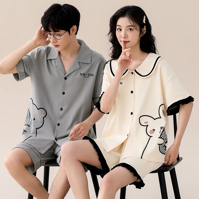 Couple Pajama Set Summer Cute Cartoon Short Sleeve Pyjamas 100% Cotton Men and Women Sleepwear