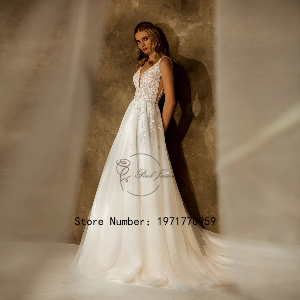 

Luxury Wedding Dress V Neck Sleeveless Applique Elegant Sexy V Back Bridal Gowns Court Train свадебное платье 2024 New