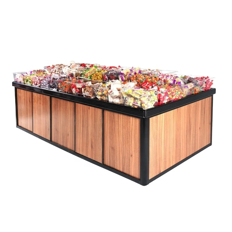 Low-cost wooden supermarket display stands for bulk snacks, sweets, and dried fruits
