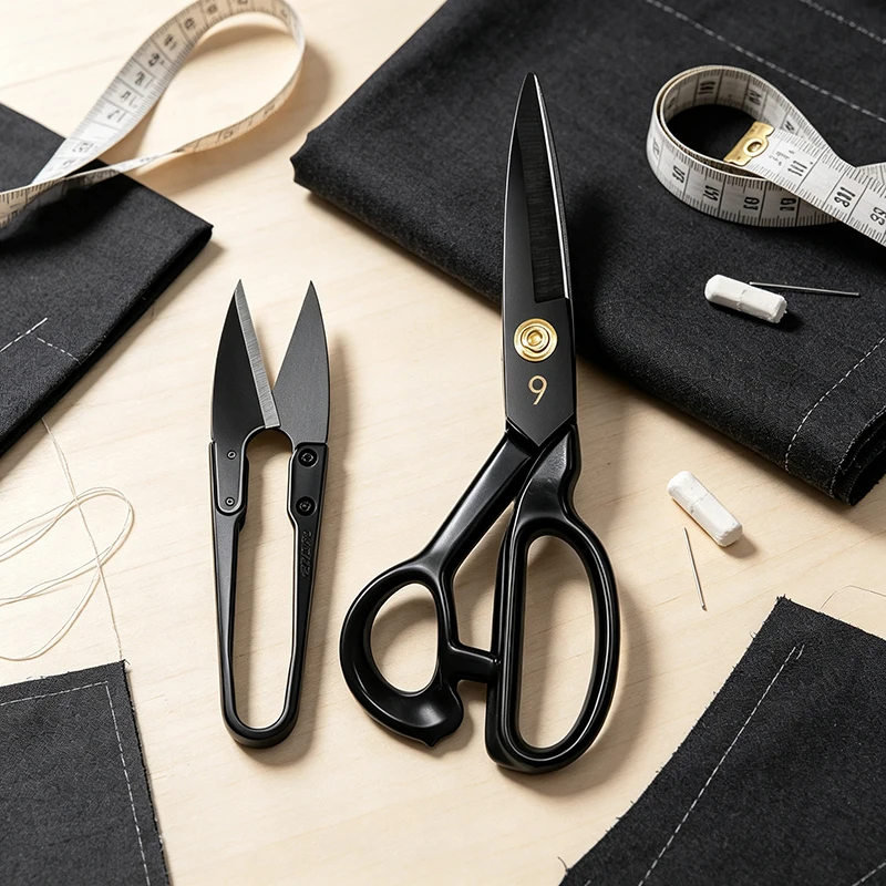 2Pcs/set Professional Tailor Scissors Set Fabric Sewing Shears Thread Snips Heavy Duty Black Dressmaking Scissors