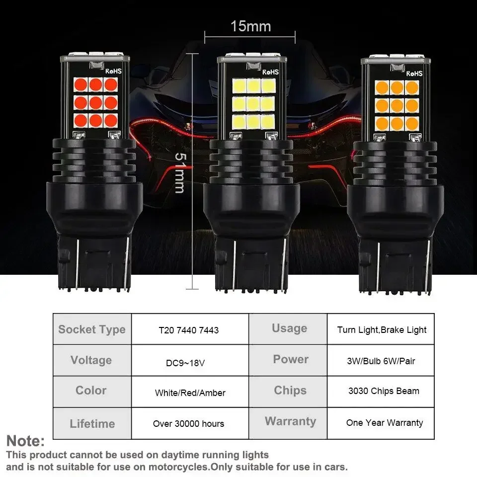 2pcs T20 7334 Led Brake Light Reverse Light Bulb Fit for Universal Car 7440 W21W W21/5W Amber Red Light 12V