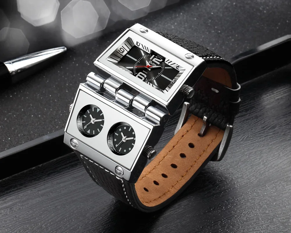 Oulm Brand New Style Mens Three Time Zone Watches Big Square Dial Unique Leather Strap Wristwatch Relogio Masculino