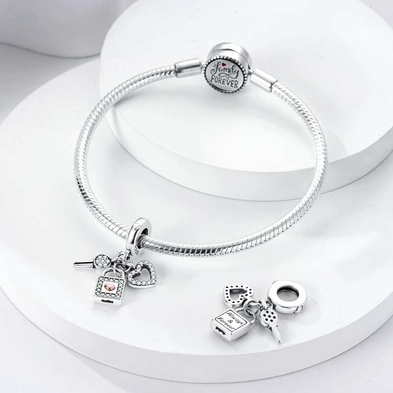 925 Sterling Silver Heart Shaped For Keys Locks Charms Pendant Fit 3mm Original Bracelet DIY Women Anniversary Jewelry Gifts