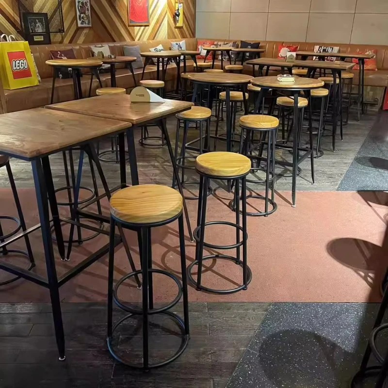 

American Style Vintage Bar Stools Iron Bistro Chairs with Wood Seat Counter Height Stool for Kitchen Cafe Dining Room Furniture