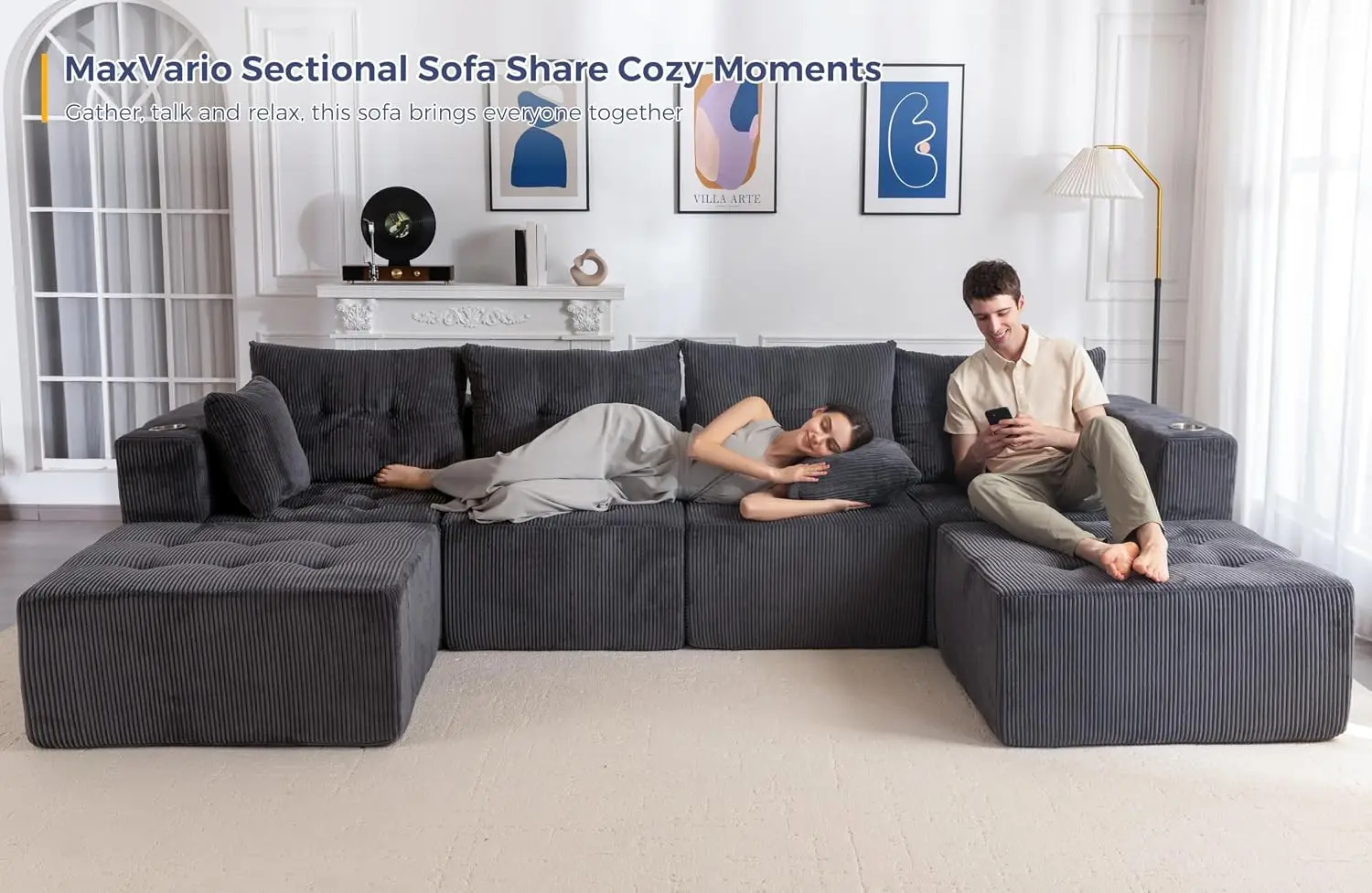 U-Shaped Boneless Sofa with 2 Ottomans, 129.5-Inch Modular Cloud Sectional for Living Room, Customized