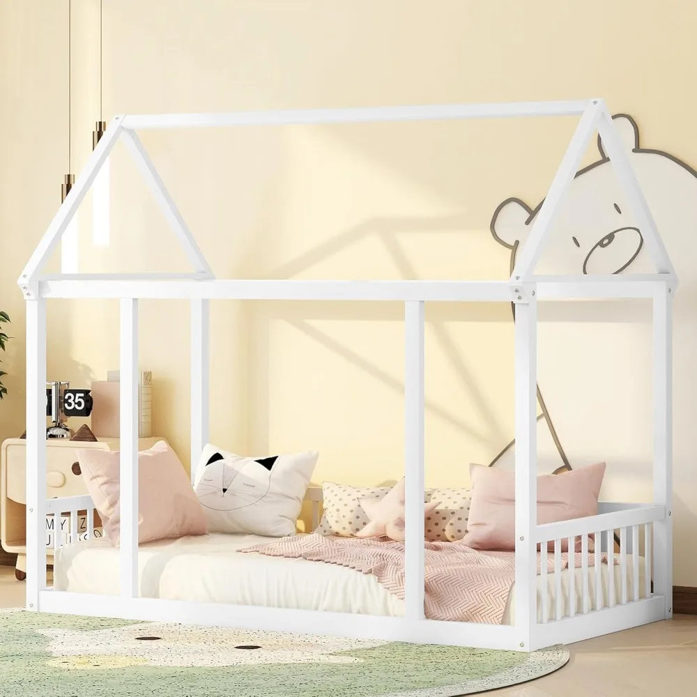 Twin Size Floor Bed for Kids, Girls, Boys, Wood House Bed Frame, Floor House Bed for Kids, Twin Size Montessori Floor