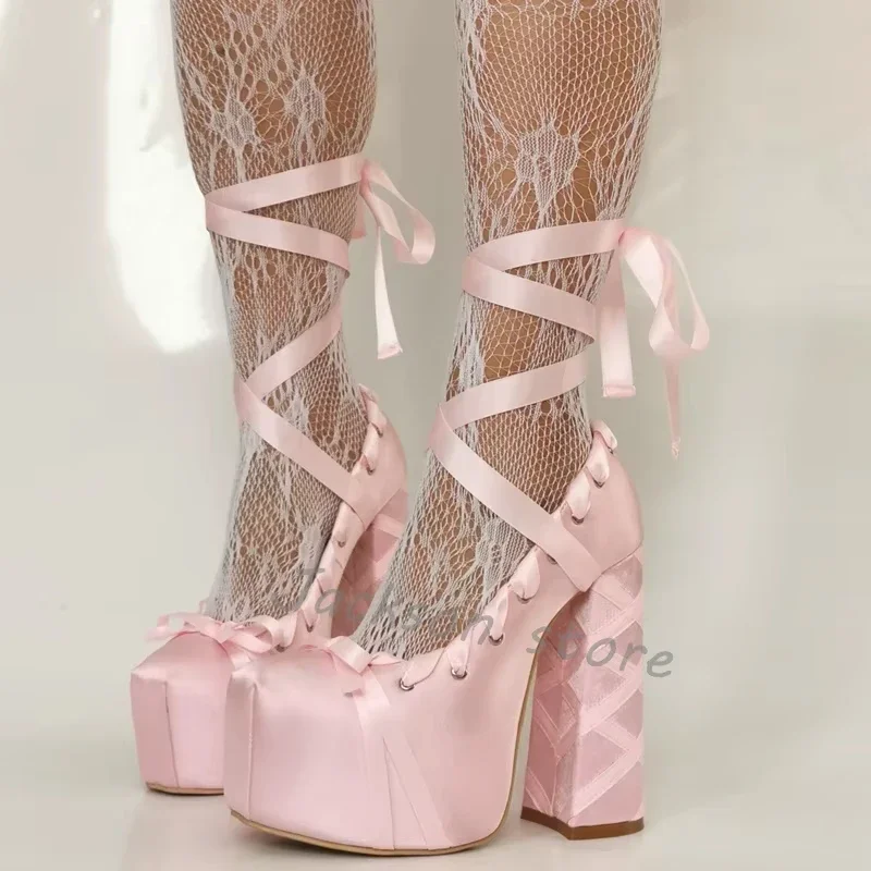 Chaussures de Ballet rose doux à bout rond et semelle épaisse, escarpins en soie à bretelles croisées, talons hauts épais pour femmes, escarpins élégants Lolita pour fête