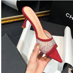 Women Mesh Sexy High Heels Slippers Women Pointed Toe Dress Shoes Female Summer Fashion Sandals 2024 New Flip Flops Brand Pumps