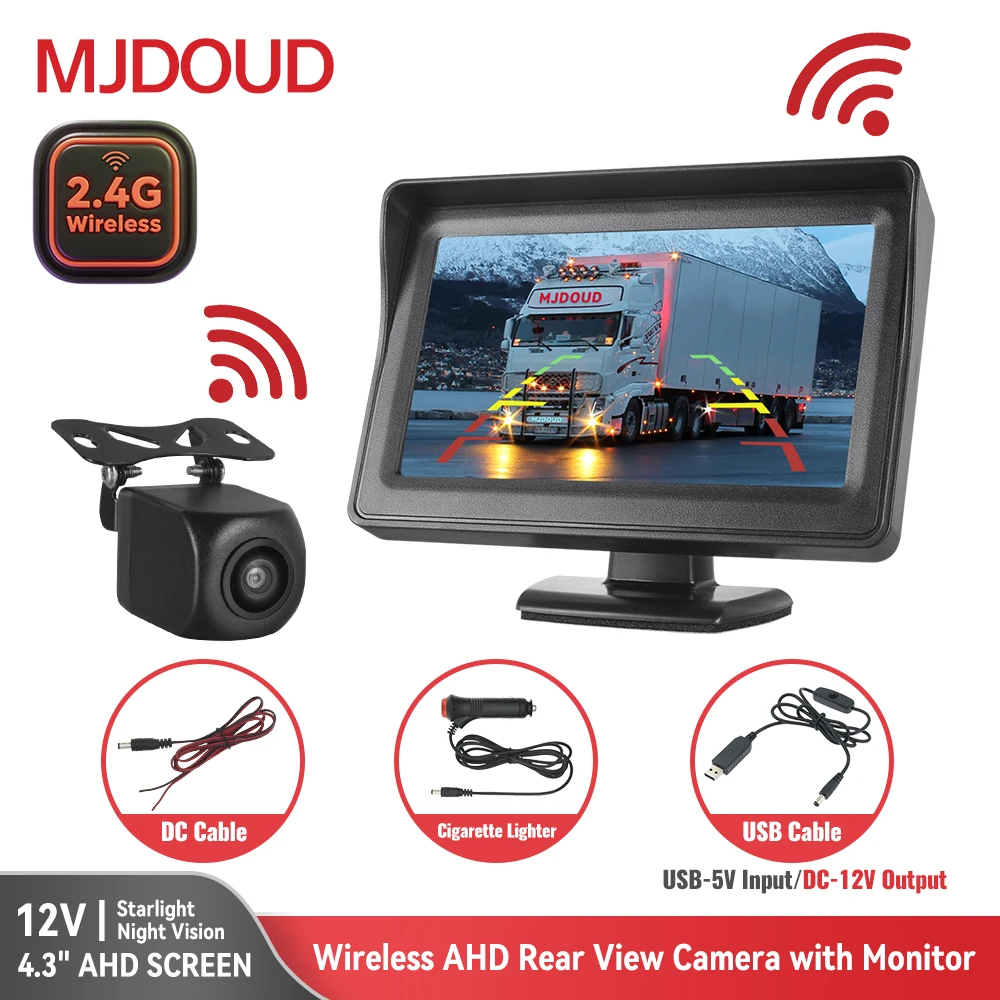 

MJDOUD AHD Wireless Car Reversing Backup Camera 4.3 Inch Vehicle Rear View Monitor Mirror Parking Kit Waterproof Night Vision