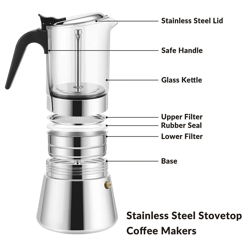 Luxurious Stovetop Moka Pot Crystal Glass Espresso Maker for Flavored Strong Espresso Quick Cleanup Classic Italian Coffee Maker